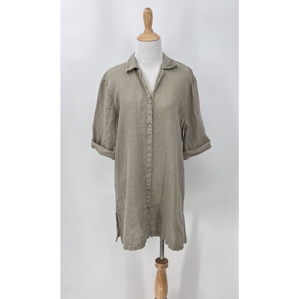 120% Lino Linen Shirt Dress Women Large Button Up Lightweight Tunic Elbow Sleeve